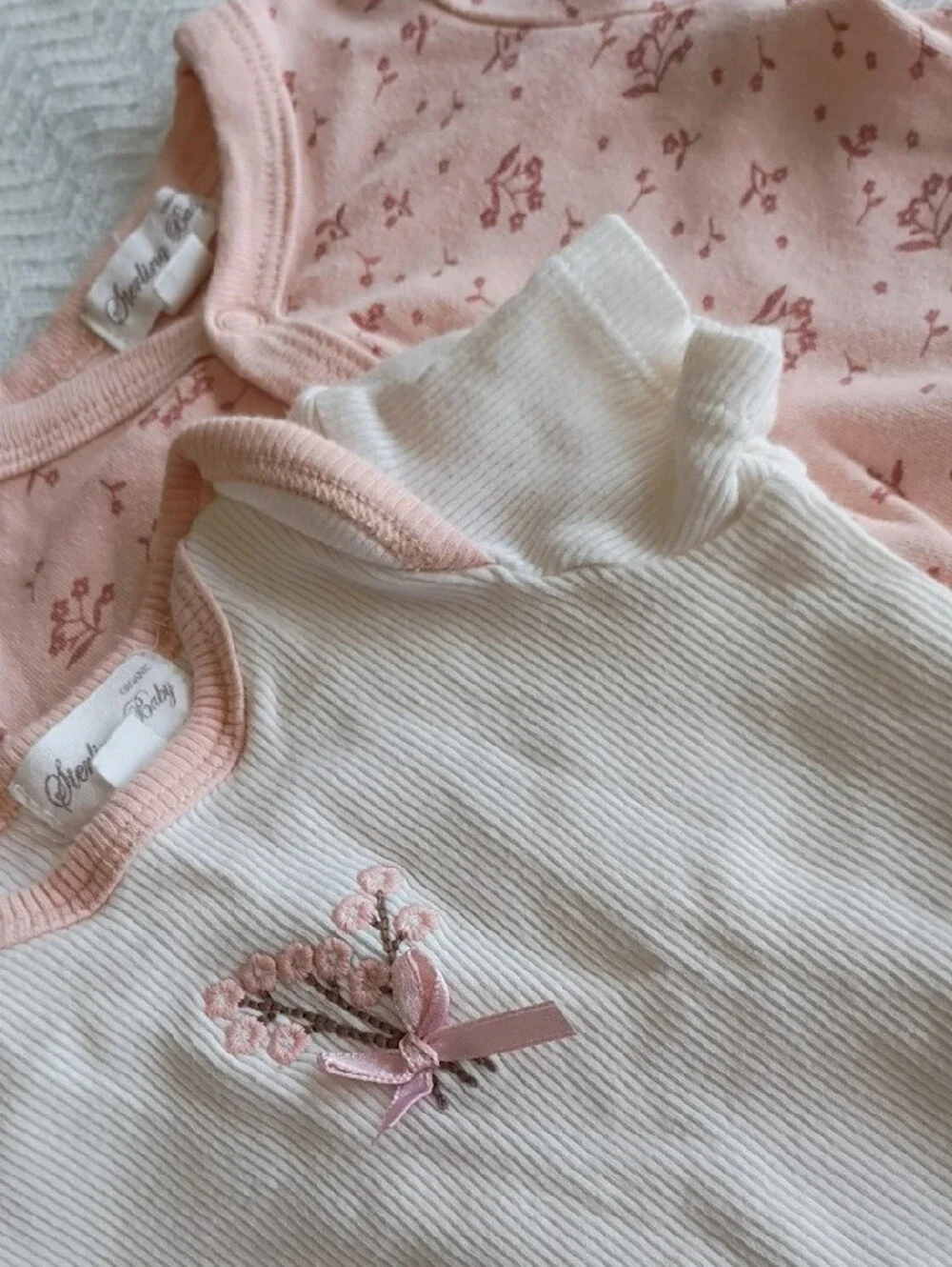 Soft Pink Floral-Trim Baby One-Piece Set